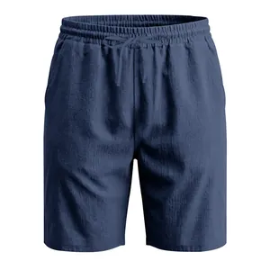 Front view of men's breathable navy blue linen casual beach shorts with drawstring waist