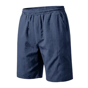 High-quality detail of men's breathable blue linen-cotton casual beach shorts with drawstring