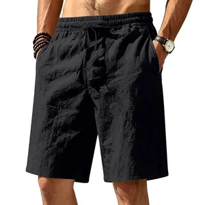 Detailed texture of men's breathable linen casual beach shorts with drawstring