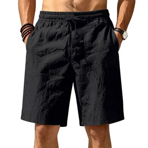 Detailed view of men's black breathable linen casual shorts with drawstring waist and pockets