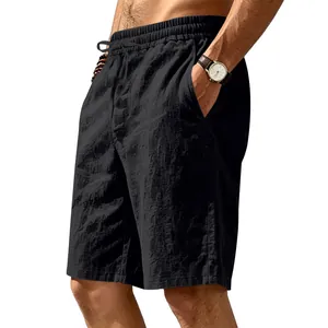 Detailed view of men's breathable black linen casual beach shorts with drawstring waist