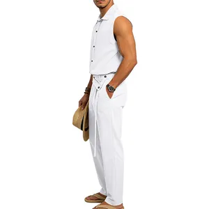 Vista lateral del conjunto de camisa sin mangas y pantalón de algodón y lino blanco para hombre