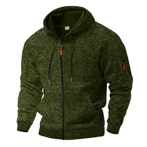 Giacca con cappuccio da uomo in pesante pile cationico verde militare con accenti arancioni