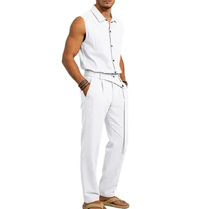 Vista detallada del conjunto de lino blanco para hombre con camisa sin mangas y pantalón