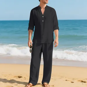 Completo da spiaggia casual in lino nero da uomo con camicia a maniche lunghe e pantaloni larghi