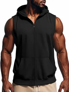 Schwarzer ärmelloser Kapuzenpullover mit Reißverschluss für Herren zum Fitnesstraining