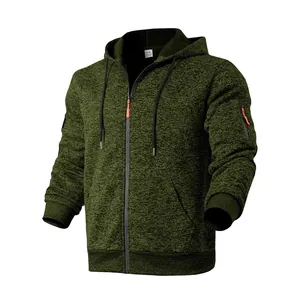 Felpa con cappuccio e zip da uomo in pile cationico verde oliva con tasche e cordoncino