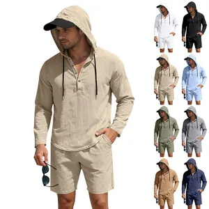 Heren Casual Linnen Strandpak Met Capuchon Lange Mouwen Top En Bottom Ademend Losse Pasvorm Linnenmix Zomeroutfit