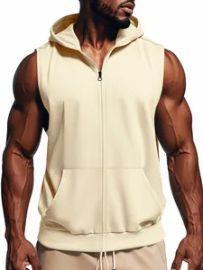 Ärmelloser Fitness-Kapuzenpullover für Herren mit Reißverschluss in Beige, schnelltrocknende Weste