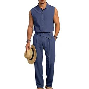 Conjunto casual de dos piezas para hombre en lino: camisa sin mangas y pantalón azul