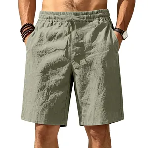 Detailed view of men's breathable khaki linen shorts with drawstring waist