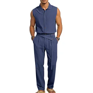 Conjunto de verano para hombre con camisa sin mangas y pantalones de algodón y lino