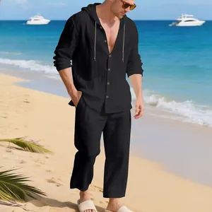 Ensemble de plage en lin noir pour homme comprenant une chemise à capuche et pantalon