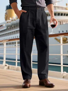 Pantaloni casual da uomo in lino e cotone nero, vestibilità ampia e dritta, stile business