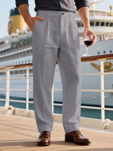 Pantaloni casual da uomo in lino grigio a gamba dritta per affari e abbigliamento da crociera