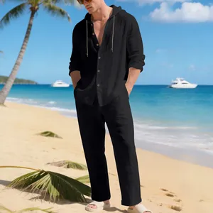 Détail de l'ensemble de plage décontracté en lin noir pour hommes avec sweat