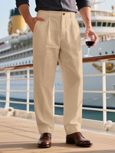 Pantaloni uomo in lino casual gamba dritta vestibilità comoda color kaki