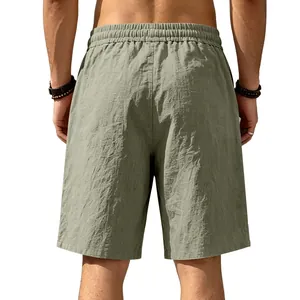 Detailed back view of men's breathable olive green linen-blend casual beach shorts.