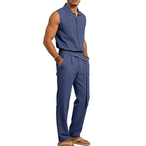 Conjunto informal de lino azul con camisa sin mangas y pantalón largo de verano