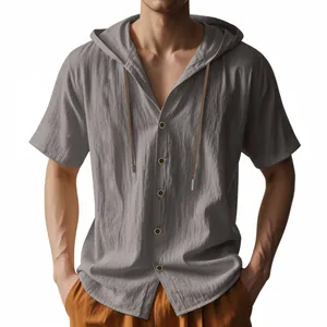 Close-up detail of men's casual hooded linen shirt in breathable grey textured fabric