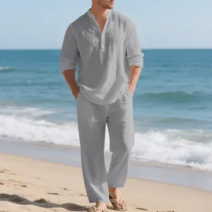 Completo da spiaggia in lino grigio traspirante da uomo con camicia lunga e pantaloni larghi