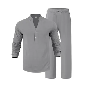 Completo da uomo con camicia a maniche lunghe e pantaloni in lino grigio traspirante casual