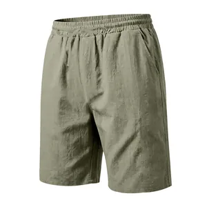 Detail view of men's olive green linen casual beach shorts with elastic drawstring waist