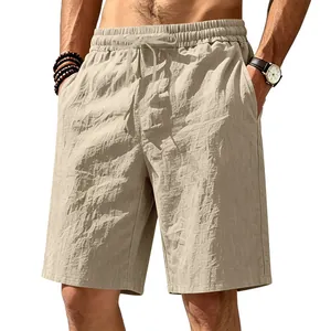 Close-up detail of men's breathable cotton linen casual beach shorts in beige color