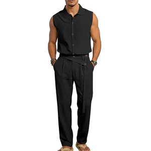 Conjunto de verano de lino negro para hombre con camisa sin mangas y pantalón largo