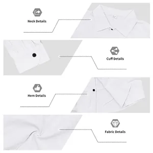 Close-up details of men's white linen beach shirt including collar, cuffs, hem and fabric