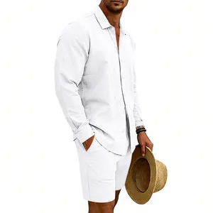 Ensemble d'été en lin pour homme avec chemise à manches longues et short blanc pur