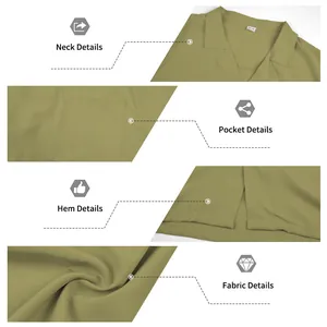 Detailansichten eines olivgrünen Herrenhemds mit Kragen, Tasche, Saum und Stoffstruktur.