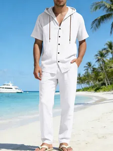 Herren Casual Leinenmischung Kapuzen-Kurzarmhemd Und Gerade Lange Hose Set Einfarbig Sommerurlaub Strand Outfit Top Und Bottom
