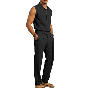 Conjunto casual de verano para hombre en lino negro con camisa sin mangas y pantalón