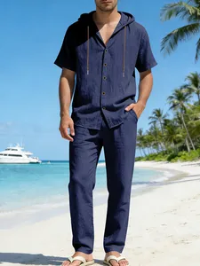 Herren Sommer Casual blaues Leinen Set mit Kapuzen Kurzarmshirt und gerader langer Hose