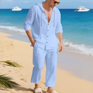 Ensemble de plage en lin bleu clair pour homme avec sweat à capuche et pantalon