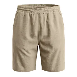 Detailed view of men's breathable khaki linen beach shorts with drawstring