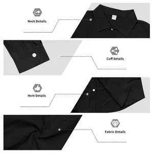 Detail view of black linen shirt showing neck, cuff, hem, and fabric texture.
