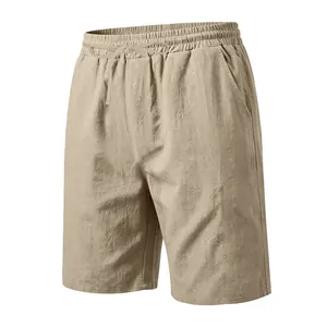 Detailed view of breathable khaki cotton linen men's casual drawstring beach shorts