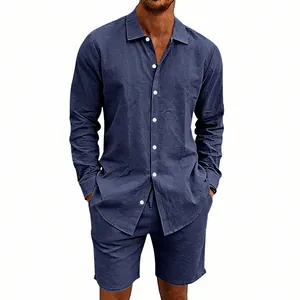 Ensemble chemise en lin à manches longues et short pour homme en bleu marine d'été