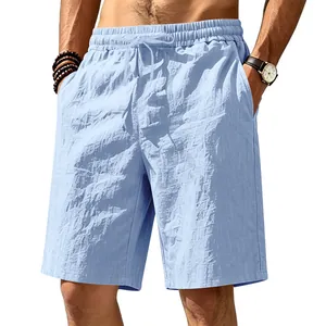 Detail view of men's light blue breathable linen cotton casual loose beach shorts