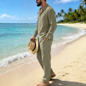 Premium casual men's olive green linen beach set featuring a long-sleeve shirt and trousers