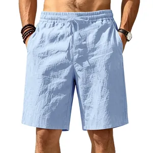 Macro view of light blue men's breathable linen casual beach shorts with drawstring waist