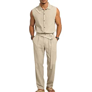 Elegante conjunto de camisa de lino sin mangas beige y pantalones largos para hombre