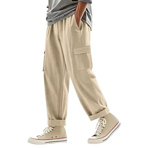 Loose straight men's khaki cargo pants made of breathable linen material with pockets