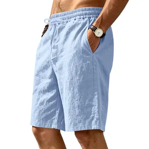 Close-up of light blue breathable linen shorts for men with drawstring waist