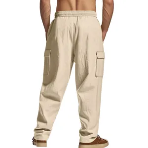 Men's breathable linen cargo pants featuring loose fit and back pockets for casual wear