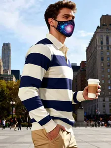 Polo à manches longues rayé bleu et blanc décontracté pour homme automne