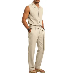 Conjunto casual de verano de lino para hombre con camisa sin mangas y pantalón largo