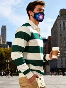 Polo à manches longues rayé décontracté pour homme en vert et blanc de style urbain